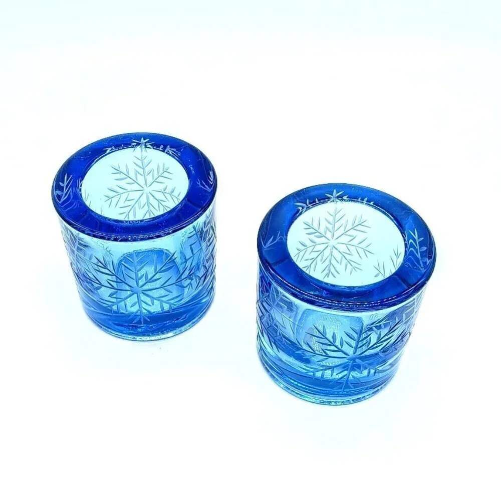 Handmade Swiss Blue Snowflake Glass Votive Candle Holders (2)
